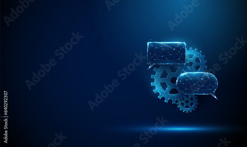 Abstract blue glowing chat boxes with gears. Chatbot and artificial intelligence concept
