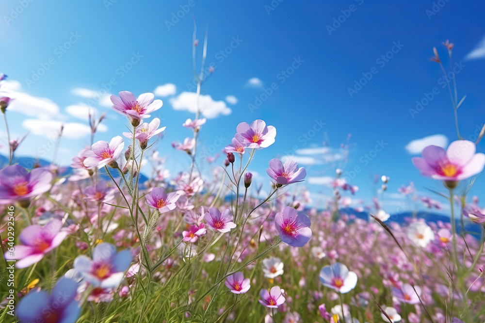 Blossoming Beauty Vibrant Spring Flowers in a Field Underneath a Clear Blue Sky with Soft Focus. created with Generative AI Blossoming Beauty Vibrant Spring Flowers in a Field Underneath a Clear Blue Sky with Soft Focus. created with Generative AI