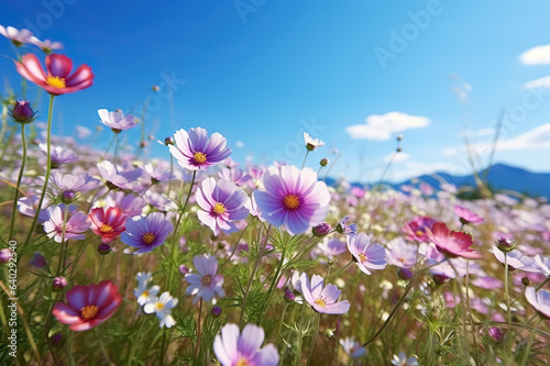 Blossoming Beauty Vibrant Spring Flowers in a Field Underneath a Clear Blue Sky with Soft Focus. created with Generative AI © photobuay