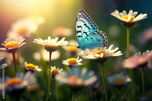 Enchanting Springtime Scene Vibrant Blooms and Graceful Butterfly in a Serene Field, Captured in Soft Focus. created with Generative AI