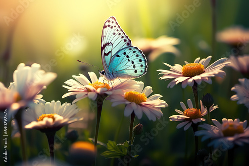 Enchanting Springtime Scene Vibrant Blooms and Graceful Butterfly in a Serene Field, Captured in Soft Focus. created with Generative AI © photobuay