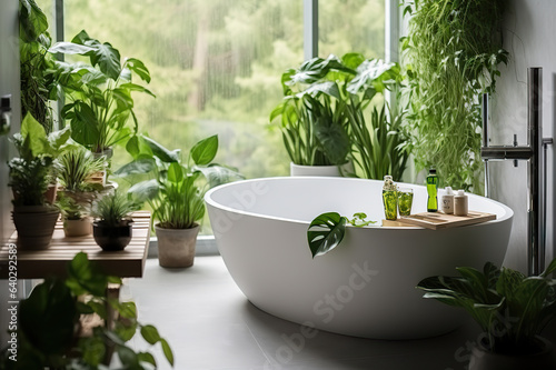 Bright White Bathroom Adorned with Lush Green Plants Evoking the Essence of Deep Forest Serenity. created with Generative AI