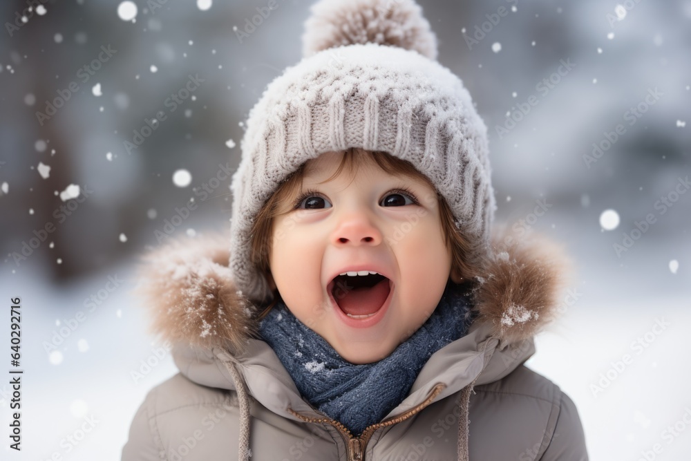 Cute child with happy face wearing a warm hat and warm jacket surrounded with snowflakes. Winter holidays concept. Cute child with happy face wearing a warm hat and warm jacket surrounded with snowflakes. Winter holidays concept.