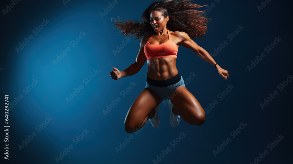 Woman athlete jumping up in the air in studio, Generative AI illustration