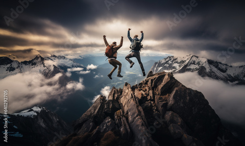 Two hikers jumping high up in the air on mountain top, Generative AI illustration