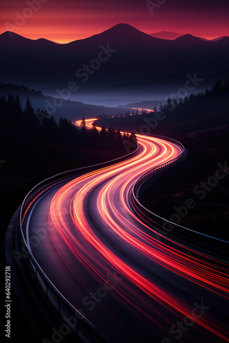 Car light trails in road at night, Generative Ai illustration