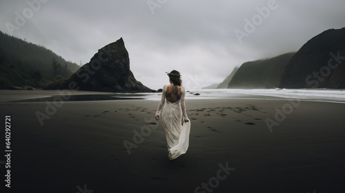 Beautiful moody landscape with woman in white dress walking on beach, Generative AI illustration photo