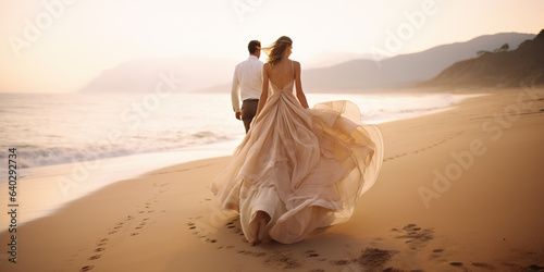 Wide shot image of newly weds walking on beach, Generative Ai illustration photo