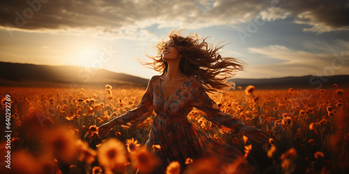 Beautiful woman in dress standing with arms outstretched in flower field at sunset,  Generative AI Illustration