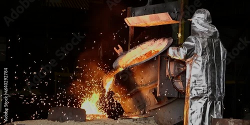 Liquid iron molten metal pouring in container, industrial metallurgical factory, foundry cast, heavy industry