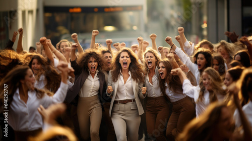 Large group of confident women cheering up in the street, Generative AI Illustration