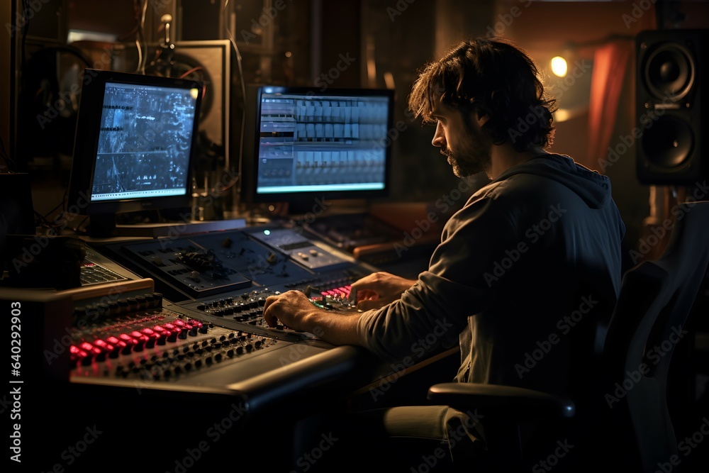 Occupied Studio: Music Producer Recording with Sound Mixer and Control Panel