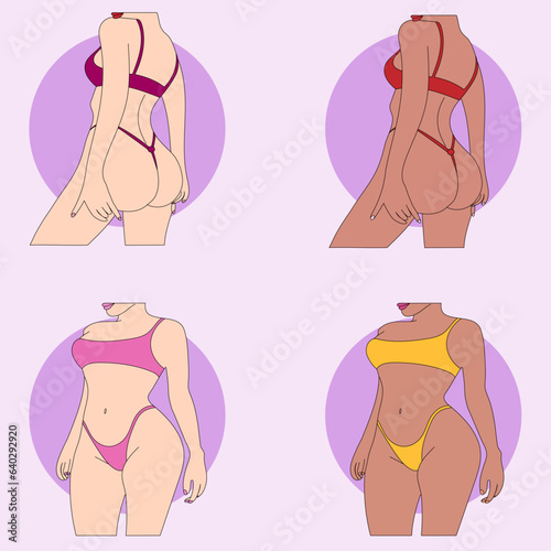illustration girl in lingerie beautiful sexy lingerie print bright color background sketch black white lines body nude hips bikini