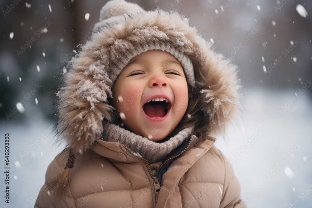 Cute child with happy face wearing a warm hat and warm jacket surrounded with snowflakes. Winter holidays concept. Cute child with happy face wearing a warm hat and warm jacket surrounded with snowflakes. Winter holidays concept.