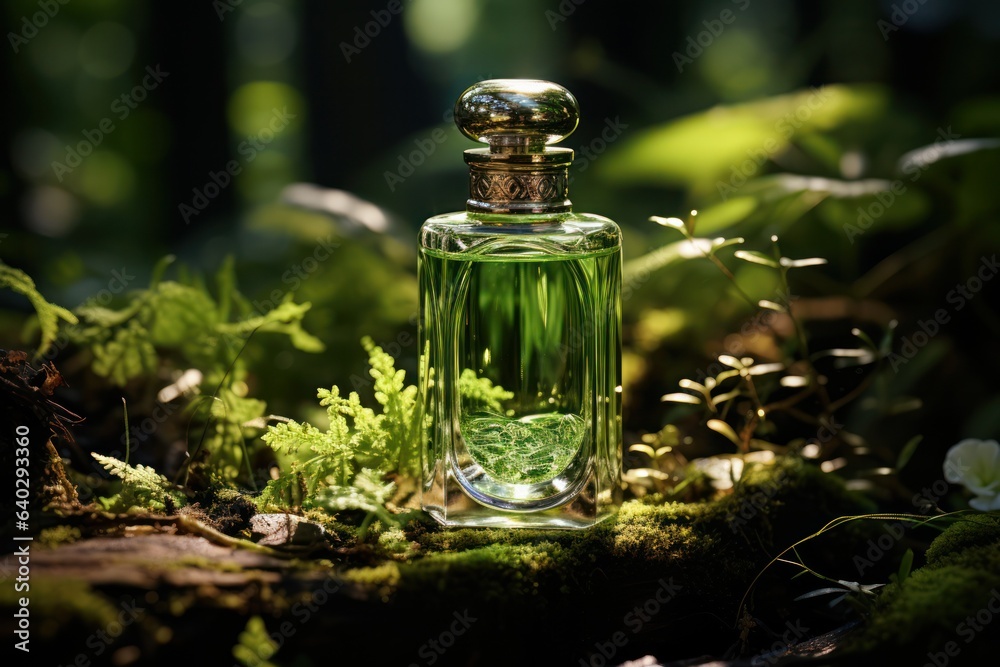 Glass bottle perfume on stones and moss on nature background. natural cosmetics on herbs, aromatherapy and essential oils concept. Glass bottle perfume on stones and moss on nature background. natural cosmetics on herbs, aromatherapy and essential oils concept.