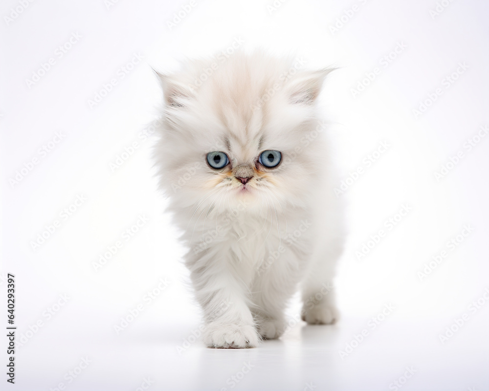 Elegant White Persian Kitten: Closeup Portrait on White