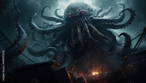 An ominous huge Kraken emerges from the changing ocean, the legendary Kraken creature from the deep ocean.Created with Generative Ai technology.