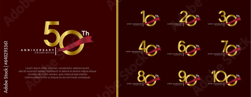 set of anniversary logo gold color number and red ribbon on brown background for celebration