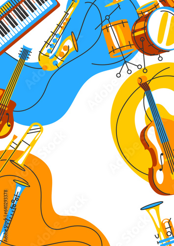 Poster with musical instruments. Jazz, blues and classical music.