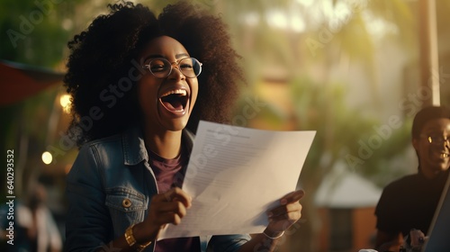 Happy excited African Black girl college student celebrating reading admission email looking at laptop computer, getting application approval - generative AI, fiction Person