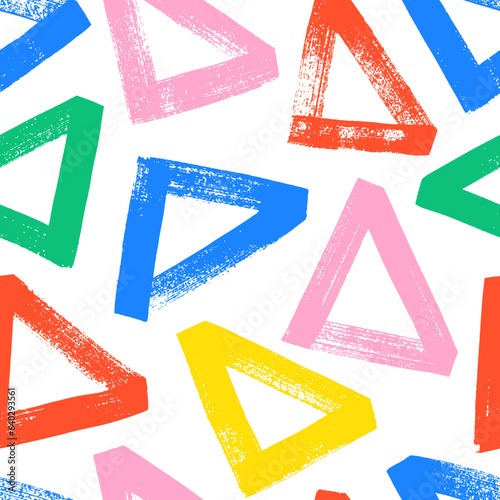 Colorful brush drawn bold triangles seamless pattern. Abstract bright colored geometric texture. Irregular triangular grid. Grunge ornament with black vector thick triangles. Modern stylish texture.