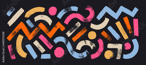 Colorful abstract geometric shapes and bold brush lines vector collection. Hand drawn circles, straight thick lines, zigzag and curved smears. Grunge texture isolated shapes.