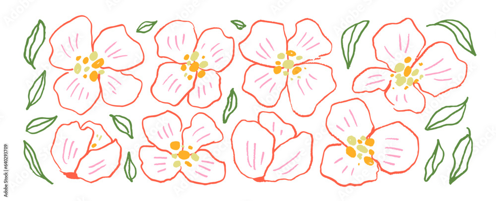 Colorful abstract linear peonies flowers collection. Vector floral elements isolated on white. Hand drawn pencil or pen contour drawing. Camomile, daisy, sakura or peony oriental illustration.