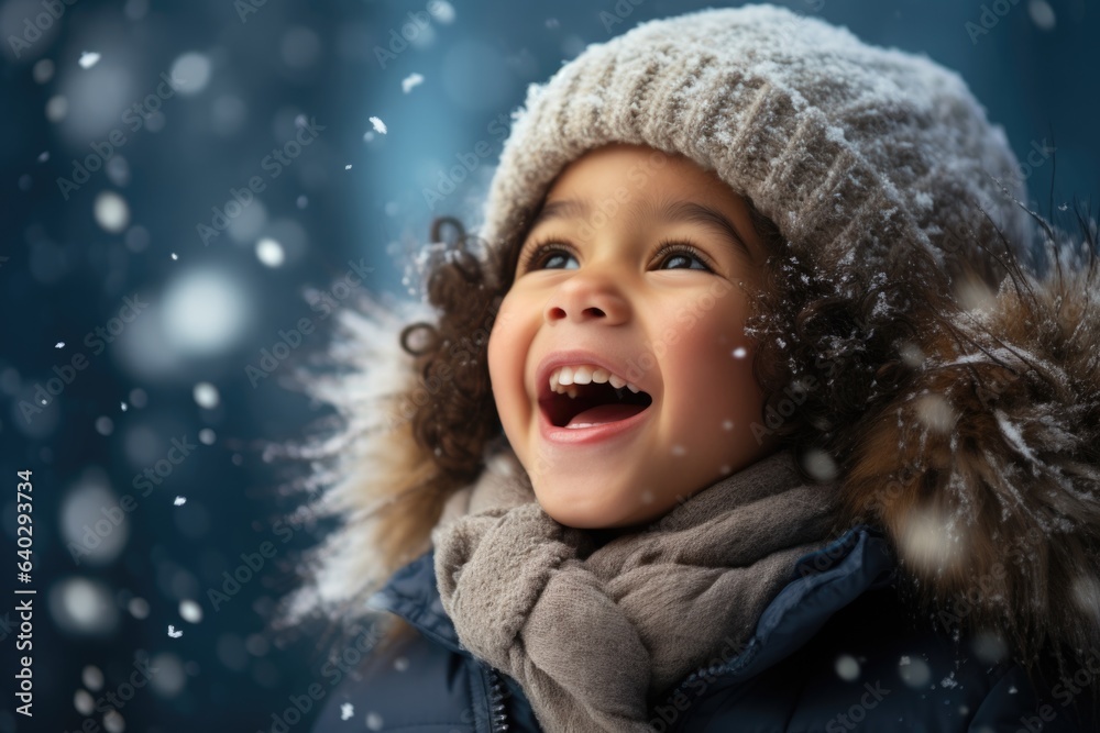 Cute child with happy face wearing a warm hat and warm jacket surrounded with snowflakes. Winter holidays concept. Cute child with happy face wearing a warm hat and warm jacket surrounded with snowflakes. Winter holidays concept.