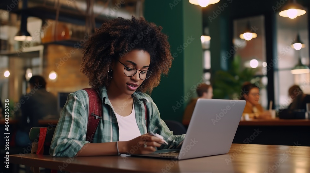 Happy African ethnic girl using mobile cell phone and laptop sitting at desk. Smiling Black teen college student looking at computer holding smartphone - generative AI, fiction Person