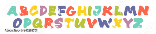 Emotional bright colored childish alphabet with bold brush drawn letters. Cartoon brush font, playful joyful characters. Hand drawn characters with a rough inked texture. Uppercase letters.