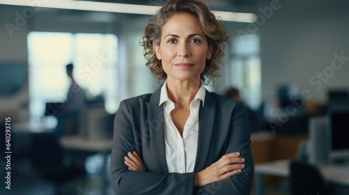 Confident mid aged Latin professional business woman corporate leader, happy mature female executive, elegant lady manager of middle age standing in office - generative AI, fiction Person