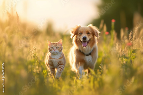 Cheerful of furry friends cat and dog walking in a summer meadow.genearative ai