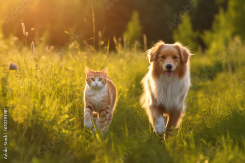 Cheerful of furry friends cat and dog walking in a summer meadow.genearative ai