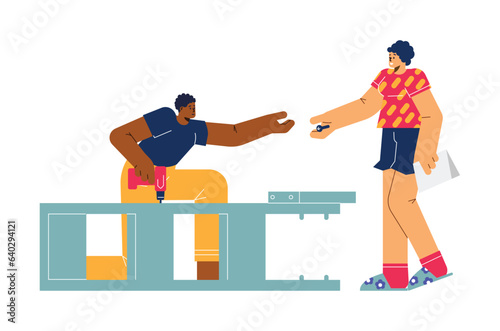 Worker with screwdriver assembling or dismantling furniture cupboard, woman gives screw flat vector illustration
