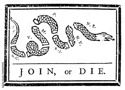 Print op canvas Join or Die -  1754 political cartoon,  American Revolution