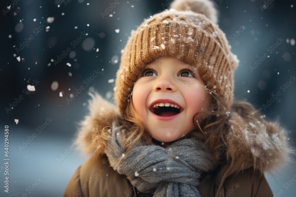 Cute child with happy face wearing a warm hat and warm jacket surrounded with snowflakes. Winter holidays concept. Cute child with happy face wearing a warm hat and warm jacket surrounded with snowflakes. Winter holidays concept.