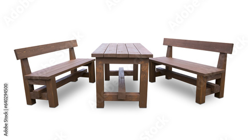 Two wooden benches and a table on a white background