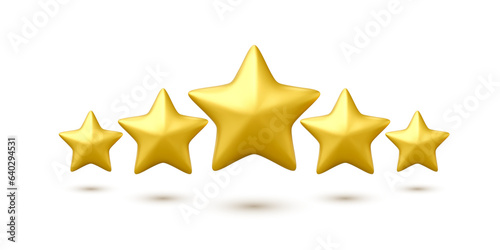 Gold Stars 3D icon. Render five yellow stars isolated on white background. Vector