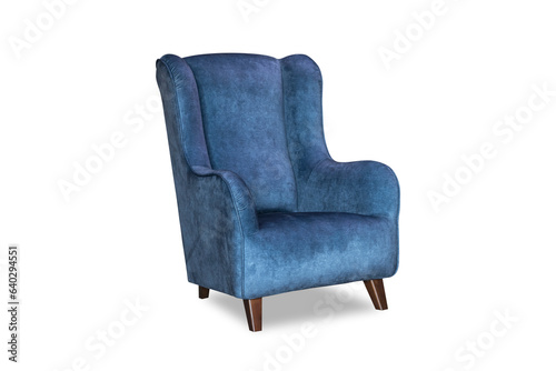 Blue upholstered chair on a white background