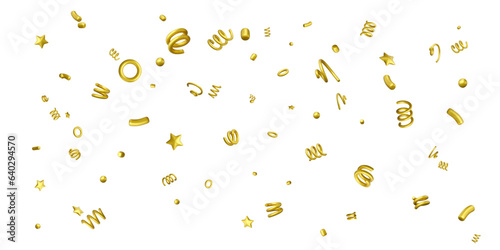 Golden confetti stars, spirals, ribbons. 3D confetti template isolated on white background