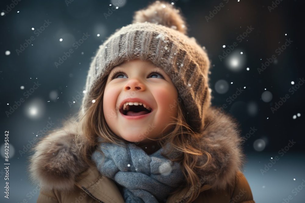 Cute child with happy face wearing a warm hat and warm jacket surrounded with snowflakes. Winter holidays concept. Cute child with happy face wearing a warm hat and warm jacket surrounded with snowflakes. Winter holidays concept.