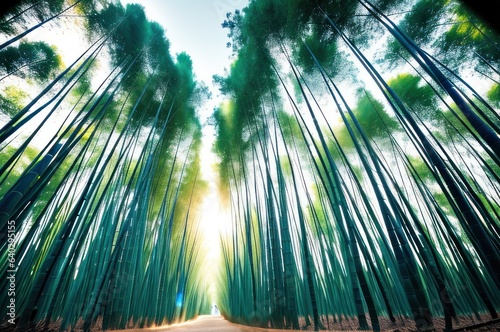 from the ground looking up at the sky in a bamboo forest  sunrays  blue sky with white clouds