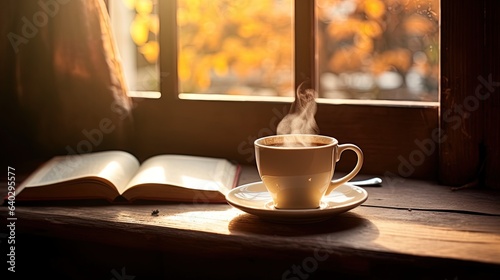 Morning coffee with an open book and sunlight streaming through the window, generated by AI