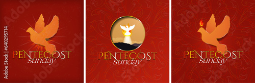 Pentecost Sunday Poster Set. Beautiful Dove Silhouette with Pentecostal fire and light. Pentecost icon on red background. Vector Illustration. 
