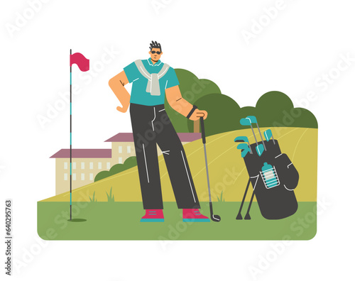 Sportsman stand with golf equipment, bag with clubs, flag on the lawn, golf course, vector sport activity, outdoor hobby