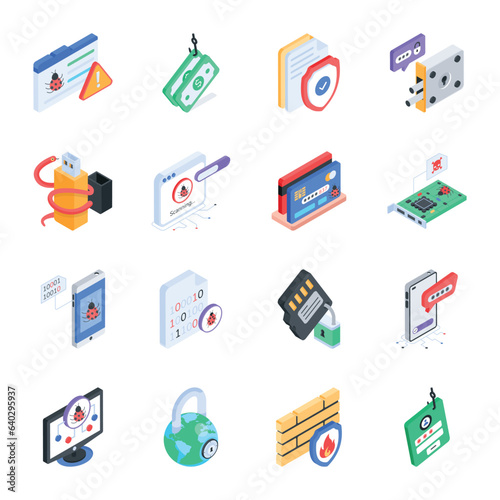 Set of Cyber Threats Isometric Icons 


