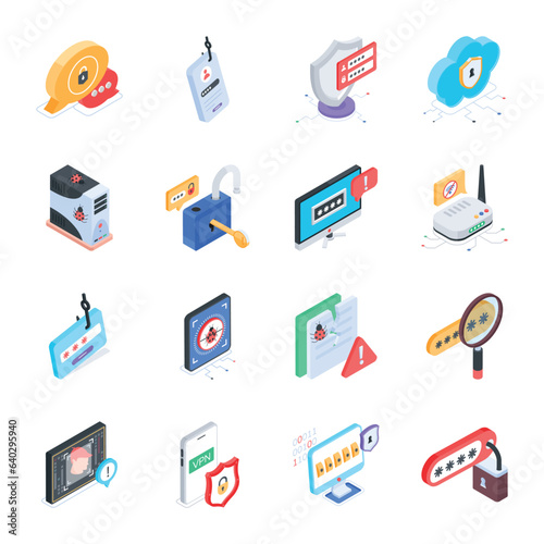 Pack of Security and Cyber Attacks Isometric Icons 

