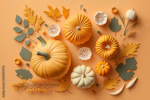Pumpkins and fall leaves on table © Olga