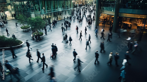 Top-View Long Exposure of Modern Office Lobby with Fast-Paced Movements of Business Professionals. created with Generative AI