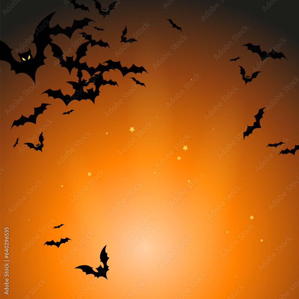 Halloween banner with black bats on the orange background, Illustration with place for text.
